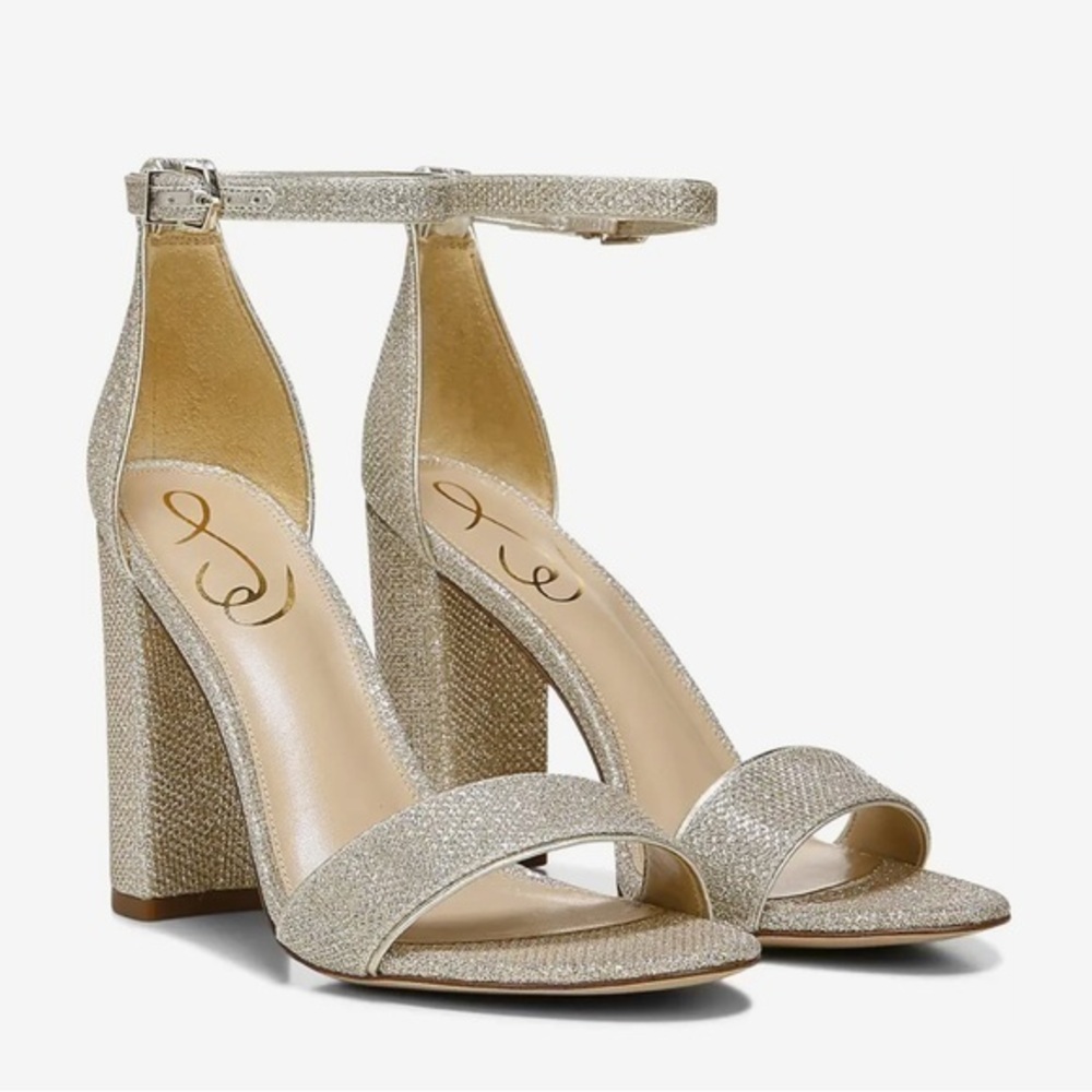 Sam Edelman Yaro Ankle Strap Sandal Heel in Sparkle Light Gold Mesh NEW WIDE